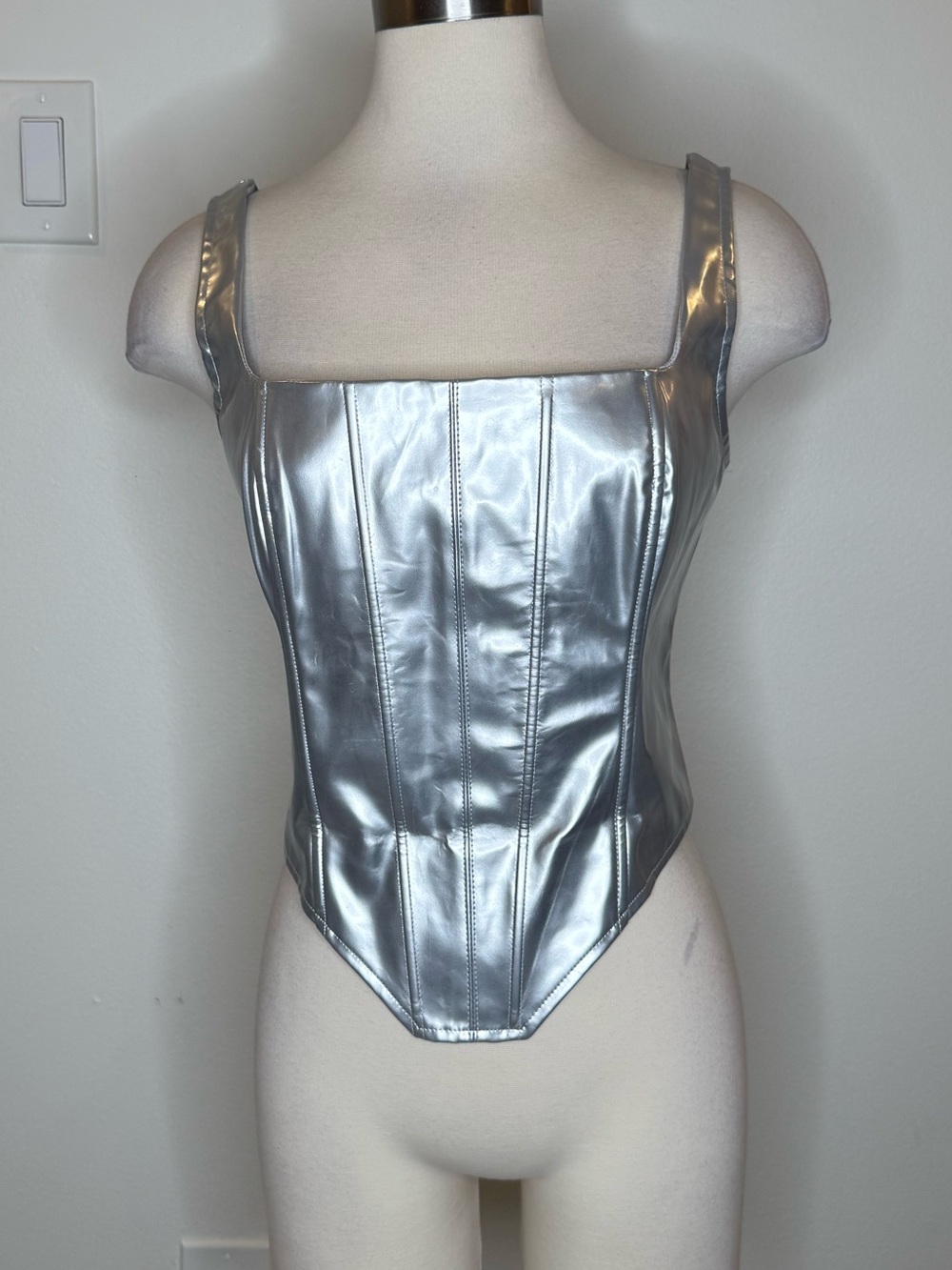 Silver Faux Leather Corset-Style Women’s Top